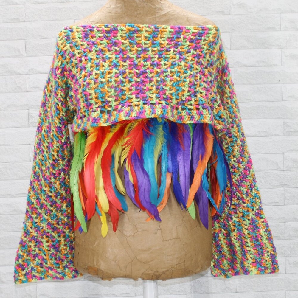 HAND CRAFTED Top Shrug Crochet Rainbow Cropped Feather Festival Rave Pride